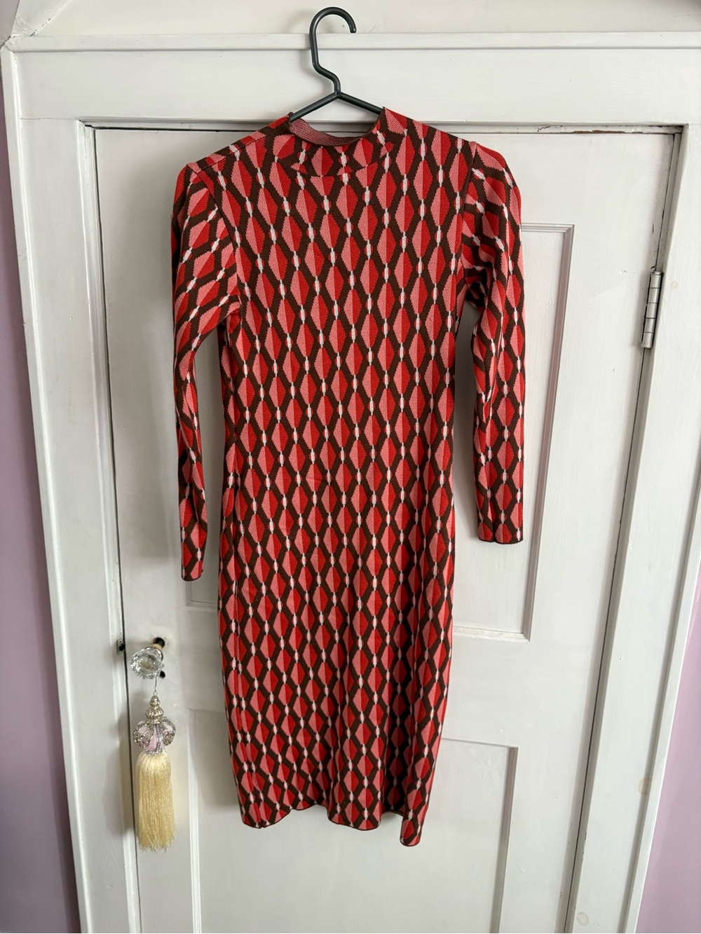 Nina Leonard Red Geometric Long-Sleeve Knit Dress